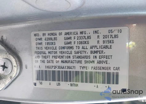 2010 Honda Accord 2.4 Lx from USA, damaged, VIN 1HGCP2F30AA136471
